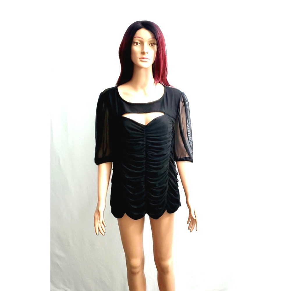 Ashley Stewart Ruched cutoff plus size mesh Black top.